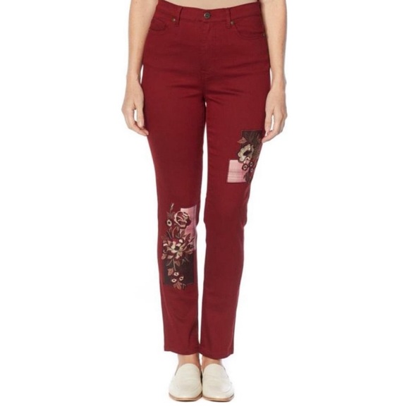 NWT DG2 Diane Gilman Stretch Embroidered Patched Skinny Jeans, Wine - Picture 1 of 6